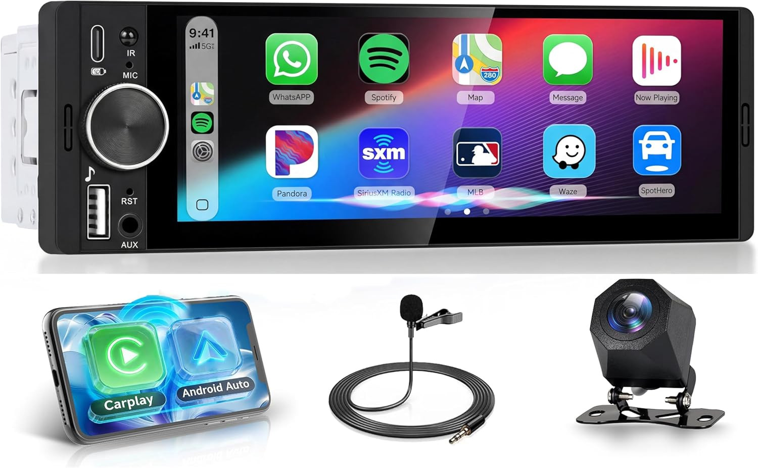 Car Stereo Single Din Wireless Carplay 1 Din Touch Screen Android Auto, 6.28 In