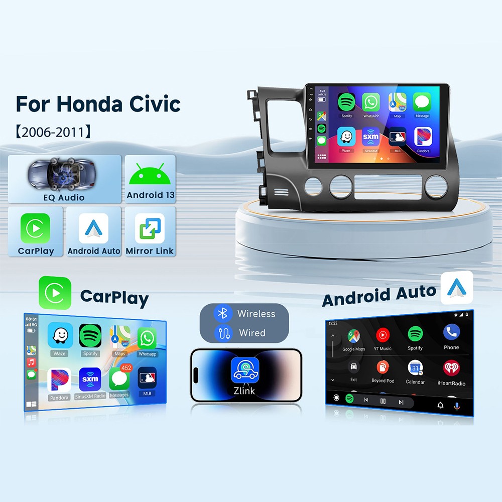 IPS Android 12 Wireless CarPlay Honda Civic 2006-2011 Car Stereo 10.1”