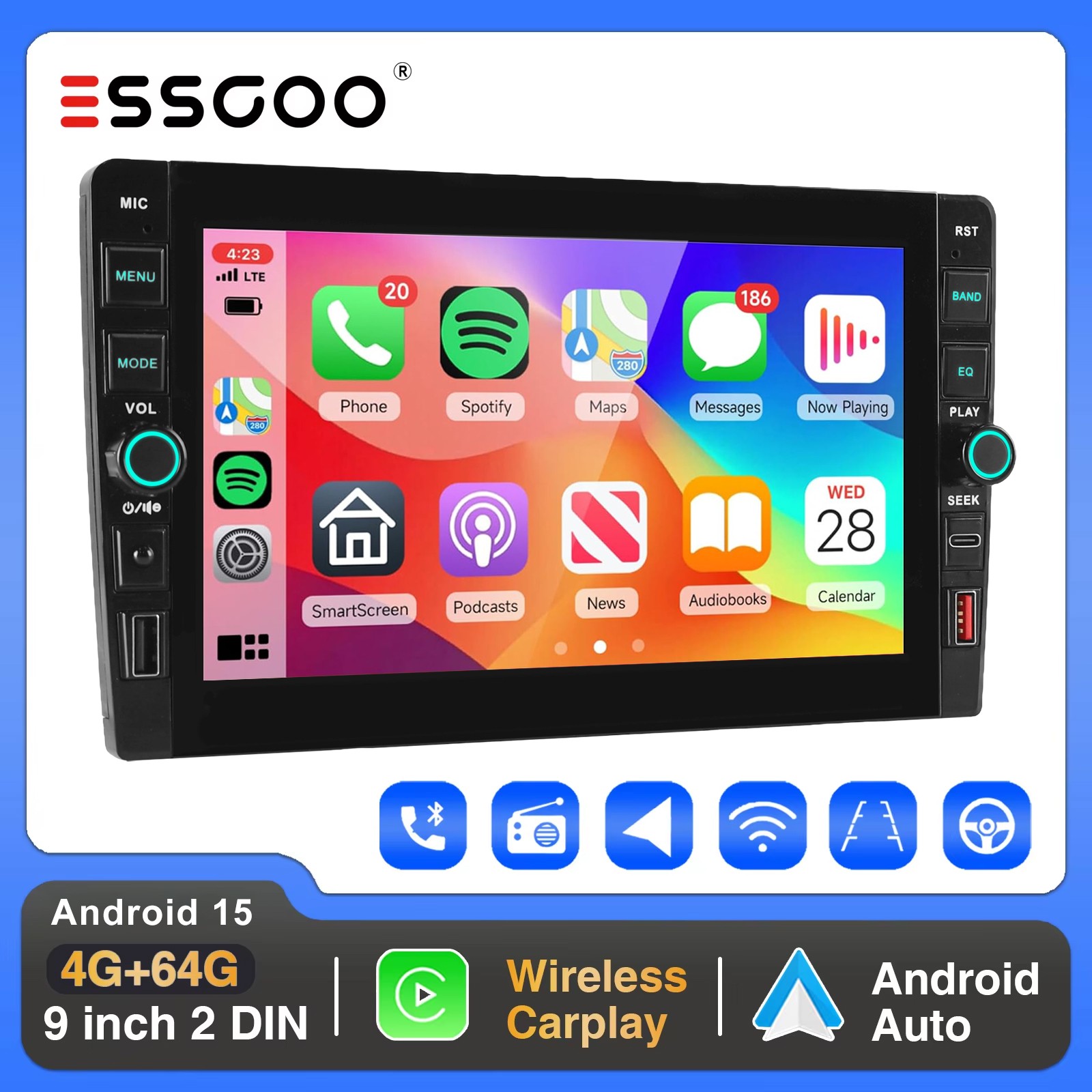 8 Inch 4+64GB Double 2 Din Car Stereo Carplay Android 15 Radio GPS Sat Navi WIFI