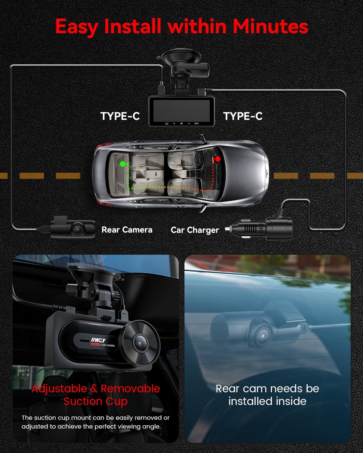 IIWEY 4K+4K Dash Cam Front+Rear, Dual STARVIS, 5G WiFi-6, 128GB SD, GPS, 24/7 PK