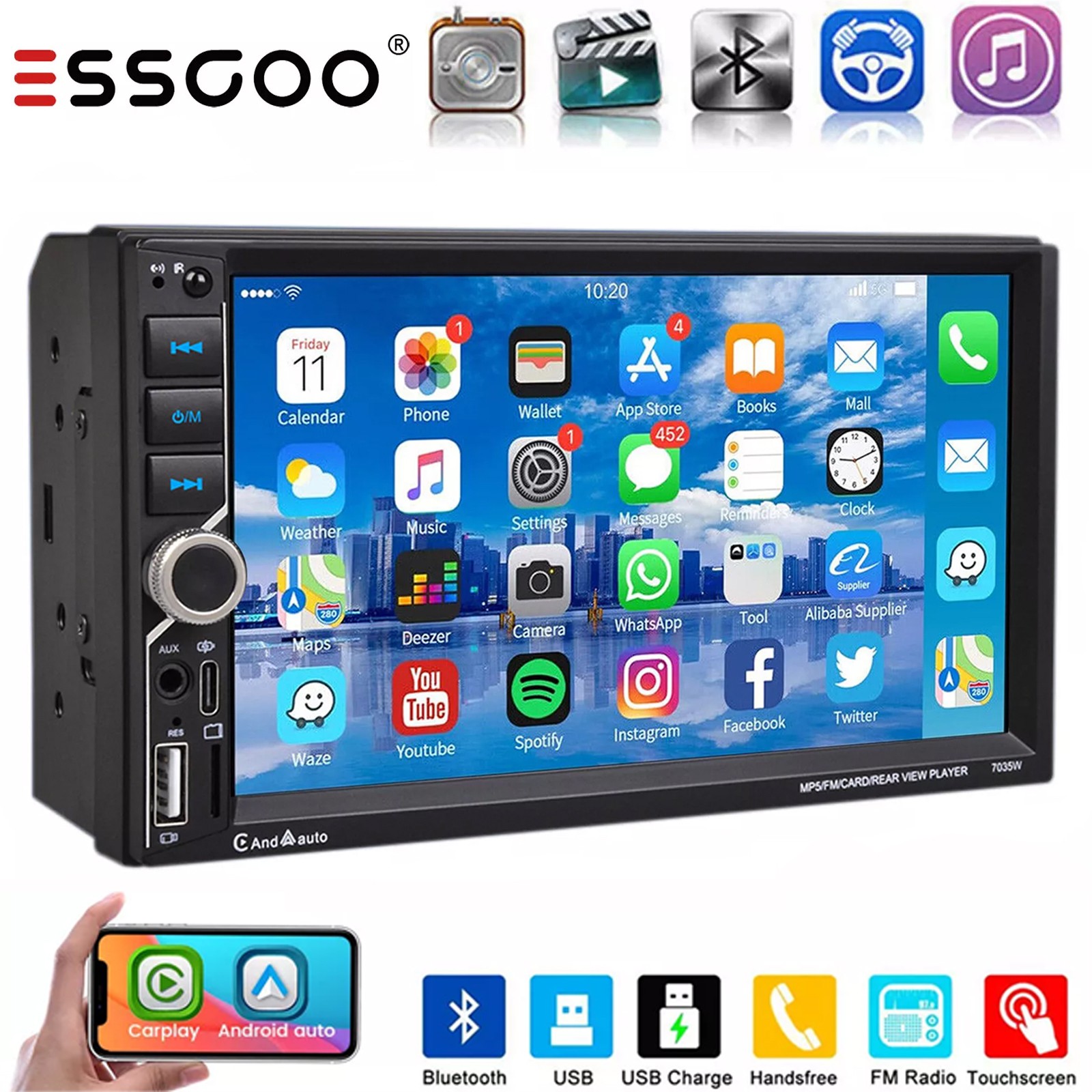 7 inch Double DIN Car Stereo Wireless Apple Carplay Android Auto Play FM Radio