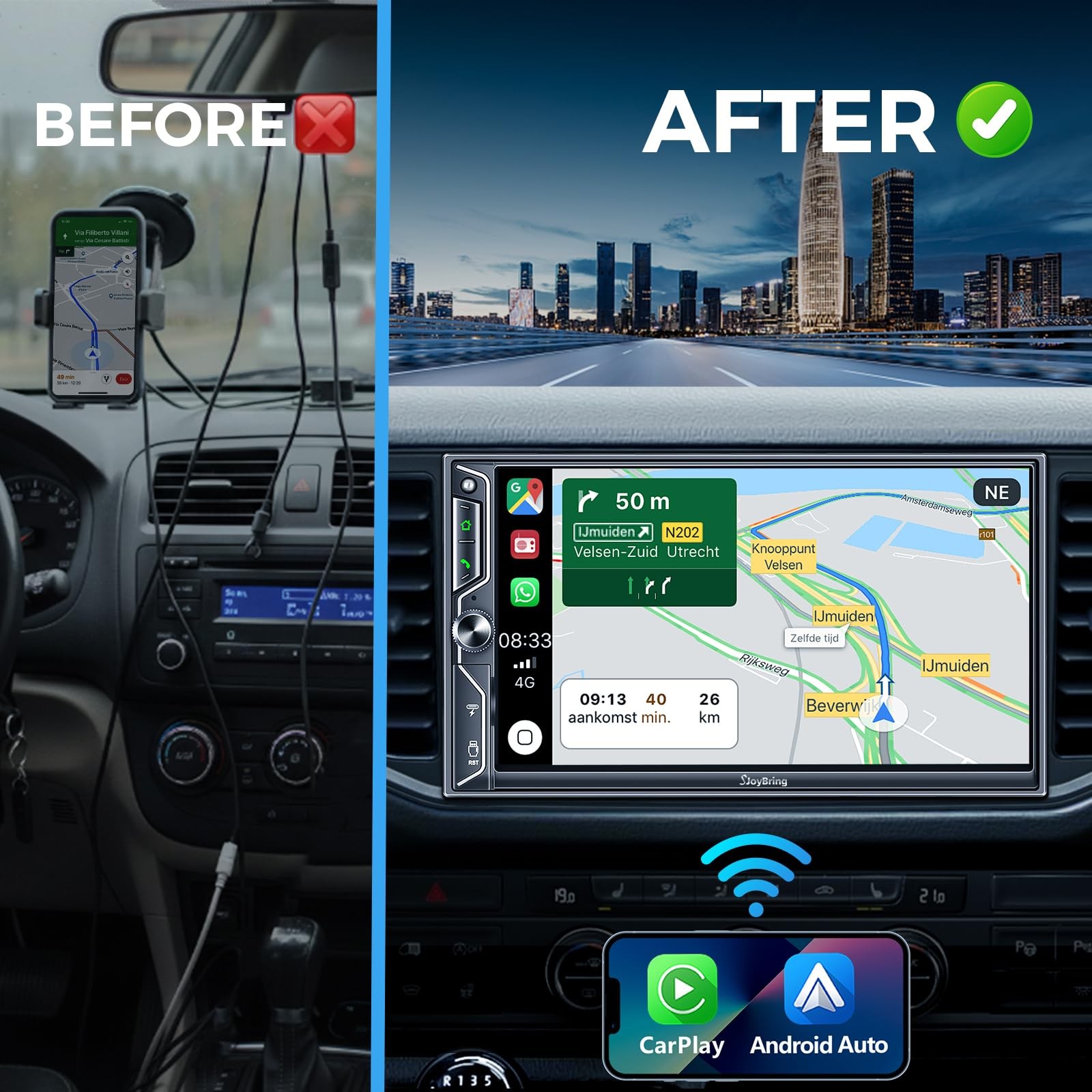 SJoyBring 7″ QLED Double Din Car Stereo Compatible with Wireless Apple CarPla…