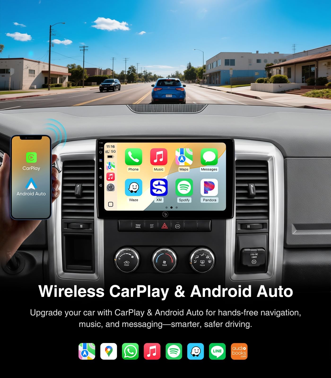 10″ Touchscreen Wireless Carplay Android Auto Stereo for 2006-2012 Dodge Ram
