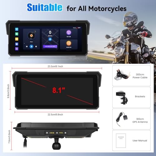 Android CarPlay Screen for Motorcycle, 8.1 inch IPS Portable Wireless P3