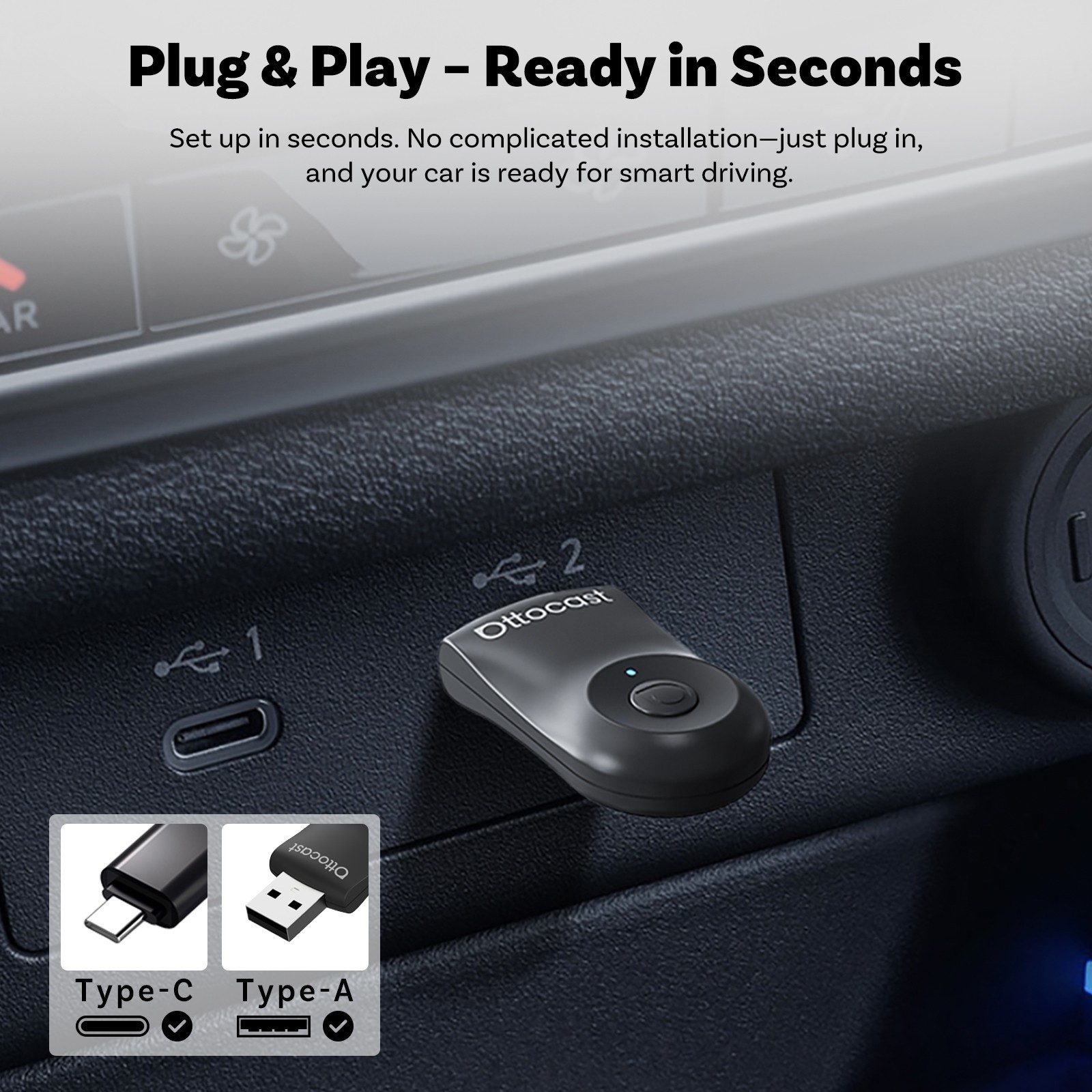 Ottocast Wireless CarPlay & Android Auto Adapter Fast Connection USB for cars