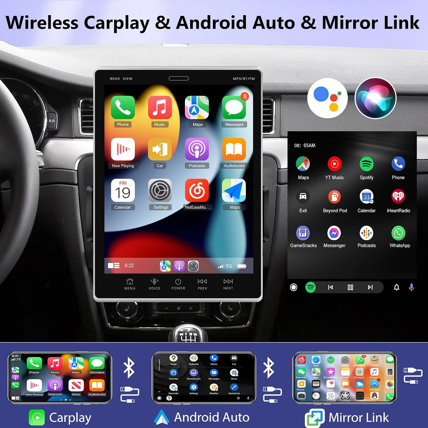 [2+64G] Single Din Car Stereo with Wireless Carplay and Android Auto – 9.5 Inch