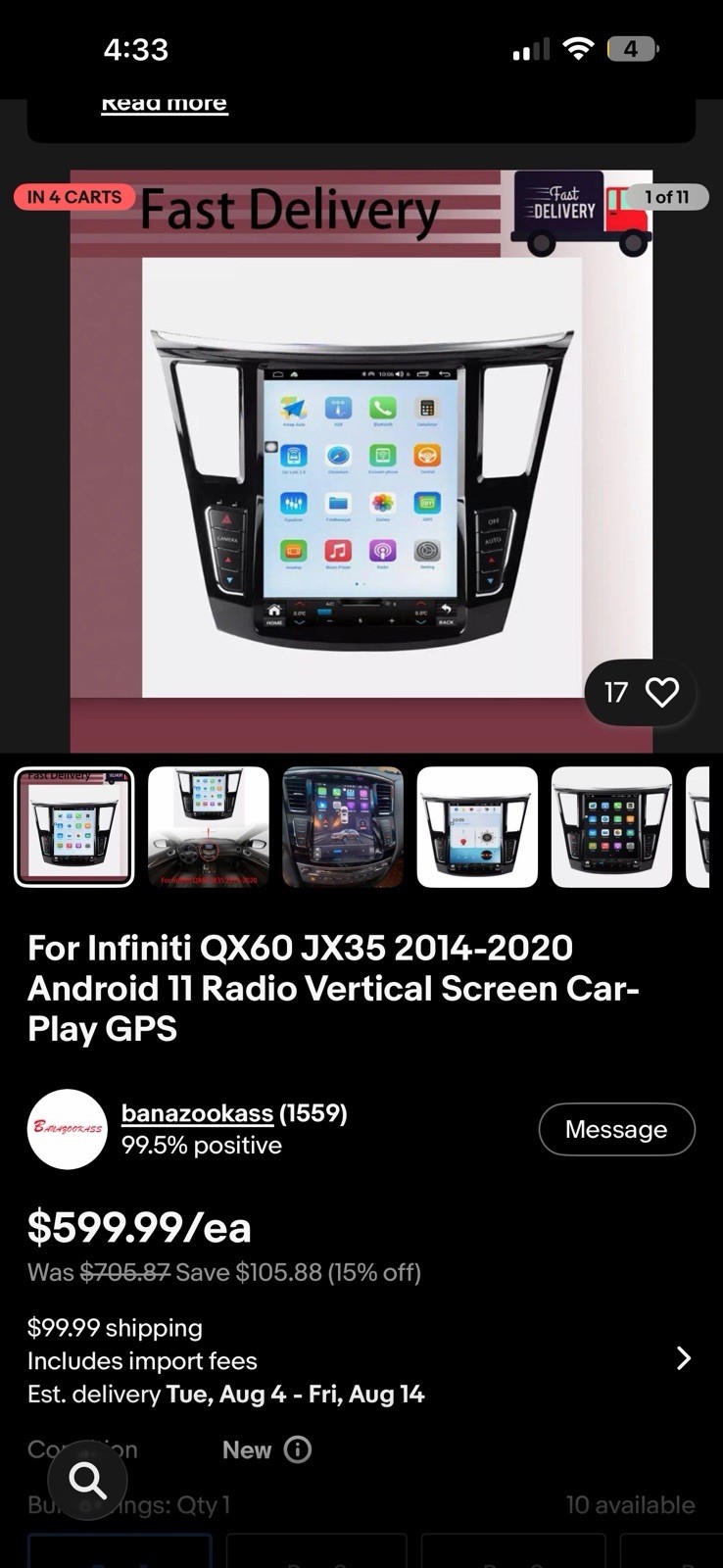 Android 2 DIN Car MP5 Player for Infiniti QX60/JX35 2014-2019 CarPlay