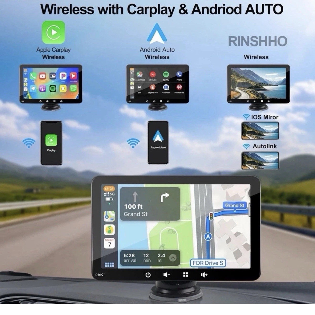 Portable Smart Screen PND-Q7S/Q7C, Wireless CarPlay, Android Auto, 7” Screen