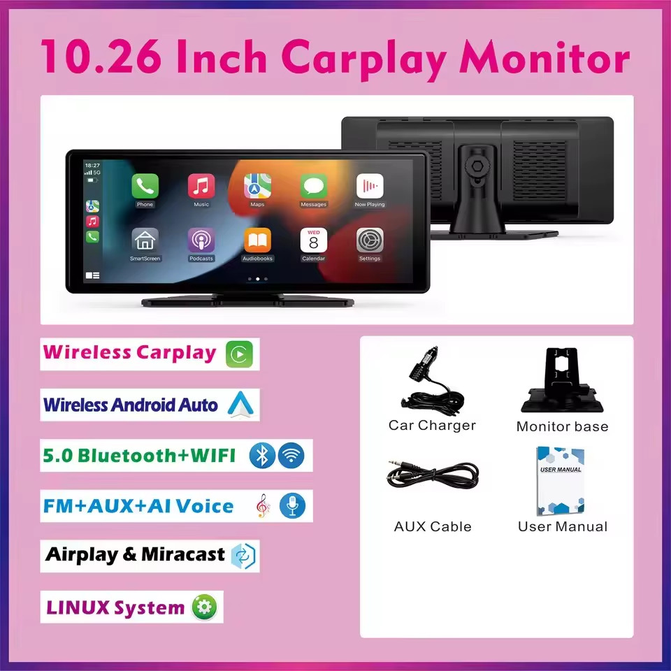 Universal Portable Wireless Carplay Screen for Car with Android Auto Touchscreen