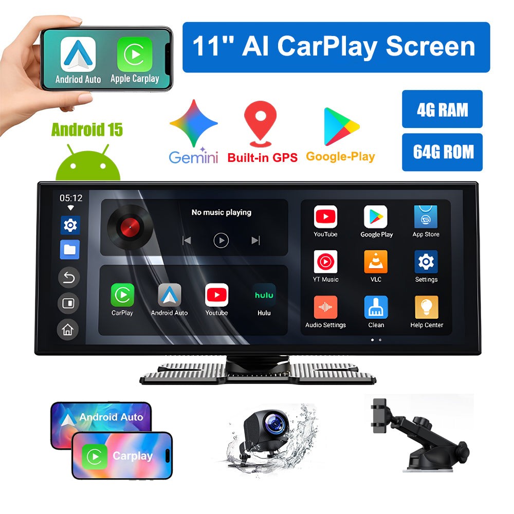 11″ TouchScreen Gemini AI Wireless Apple Carplay Portable Car Stereo Rear Camera