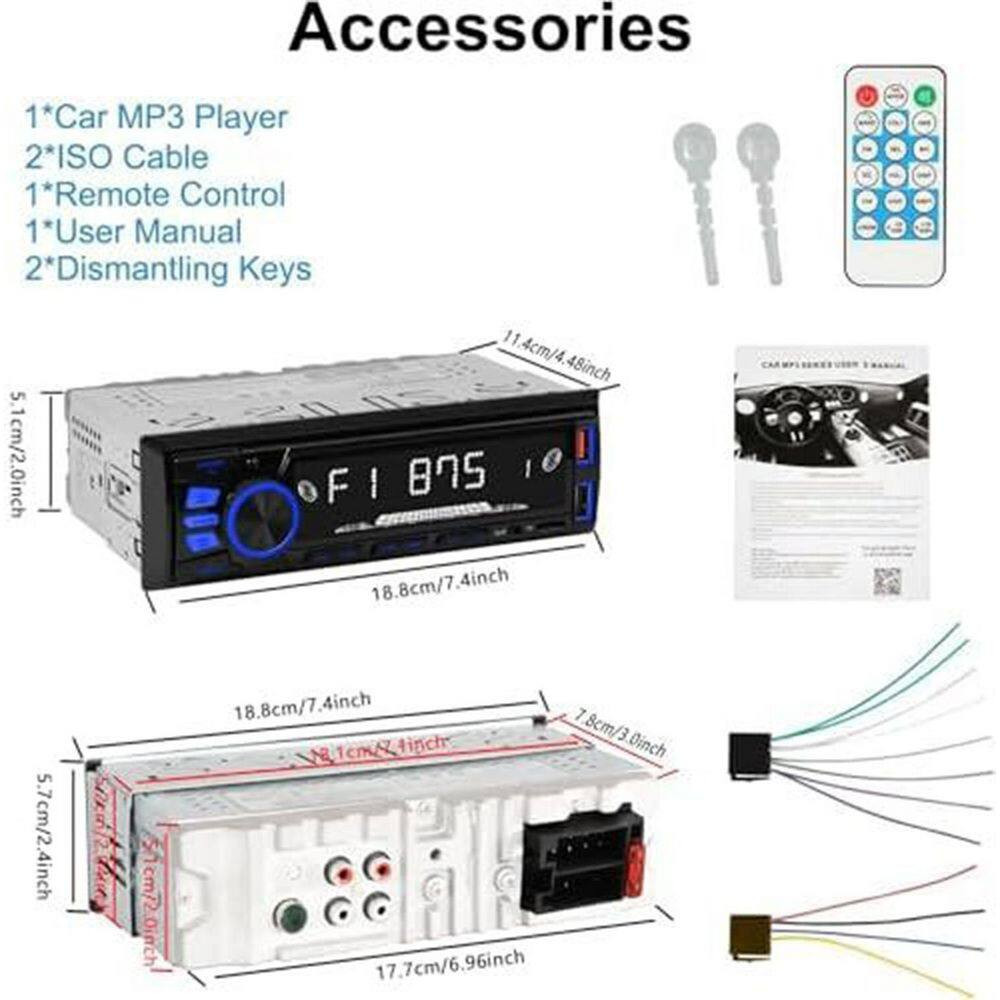 Single DIN Car Stereo Audio Bluetooth FM MP3 SD AUX Dual USB EQ Quick Charge Han