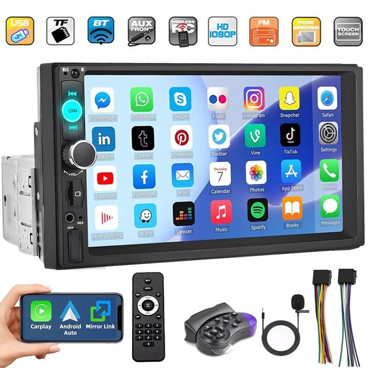 Single 1Din 7″ Touch Screen Stereo Bluetooth Radio Car Apple/Android Carplay GPS