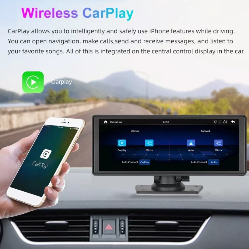 Portable Wireless Carplay 9.3″ Bluetooth Touch Screen Car Stereo FM Radio CAM