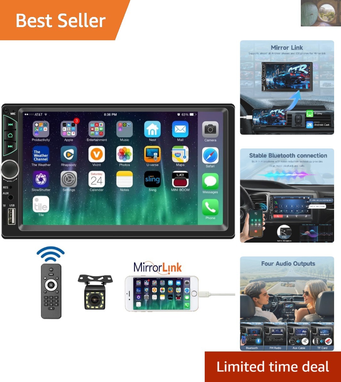7-Inch Double Din Car Stereo with Bluetooth & Backup Camera – Multimedia Audio