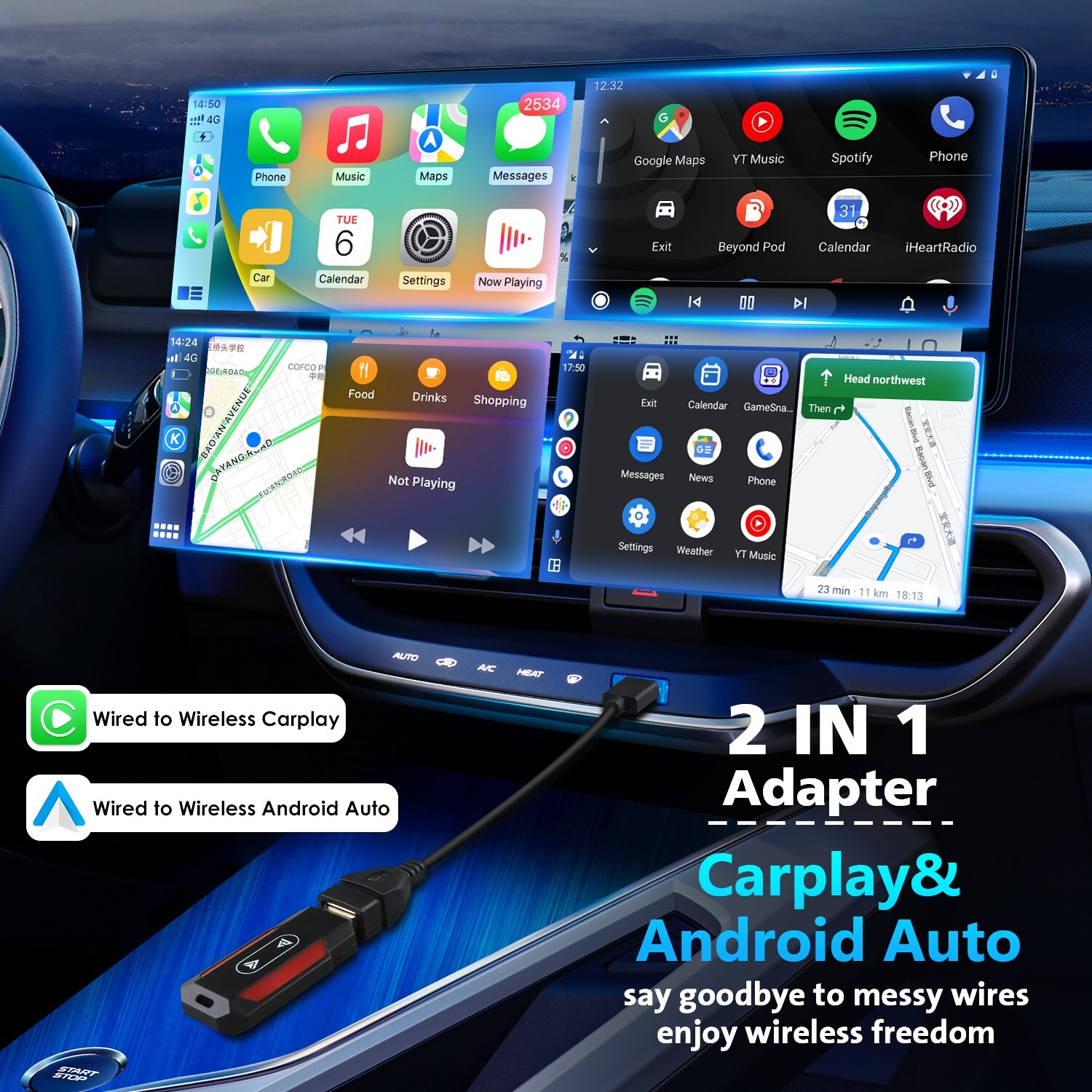 2 In 1 Wired to Wireless CarPlay Adapter For iPhone Apple Carplay Android Auto