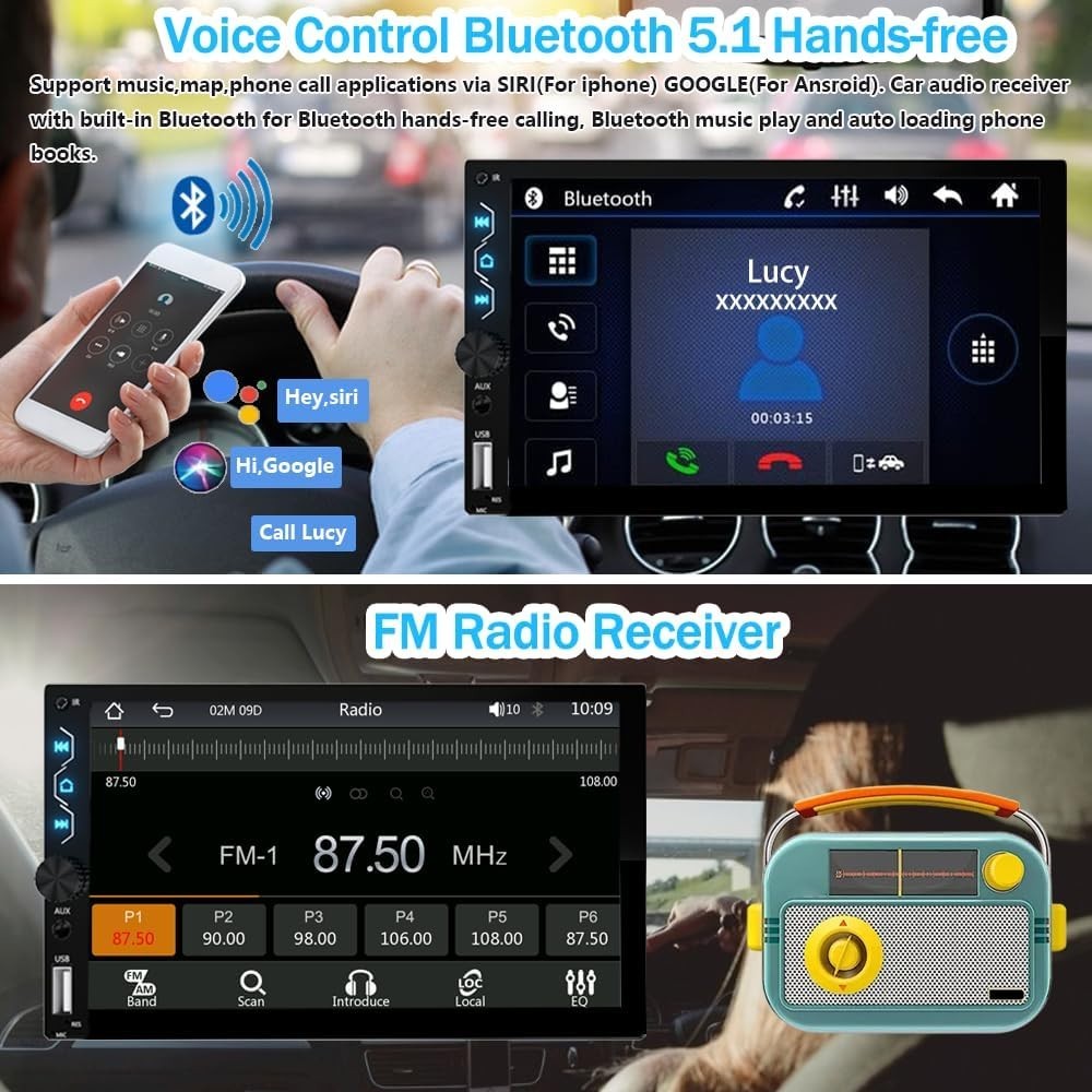 7-Inch Double Din Car Stereo with Wireless Carplay, Android Auto & Backup Camera