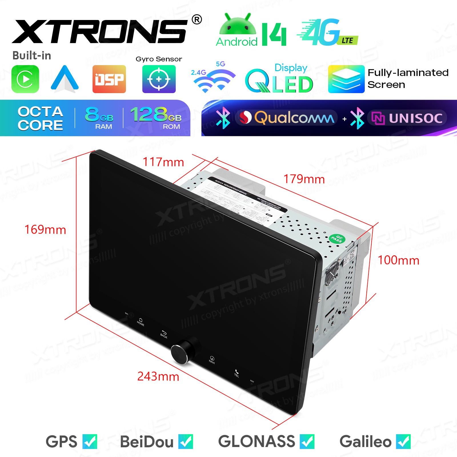 10.1″ AKM DSP Android 14 Radio For Universal 2 Din 8GB 128GB QLED GPS Navigation