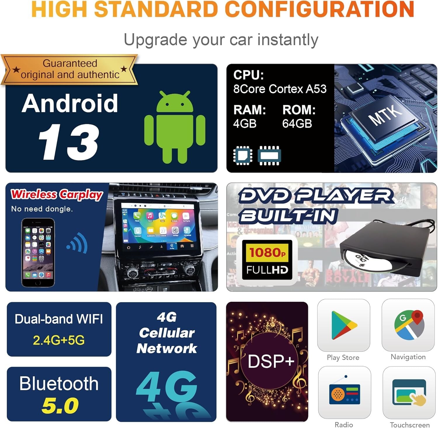 AMASE AUDIO Real Android 13 Octa Core (4GB+64GB) Car Radio, in-Dash DVD Player