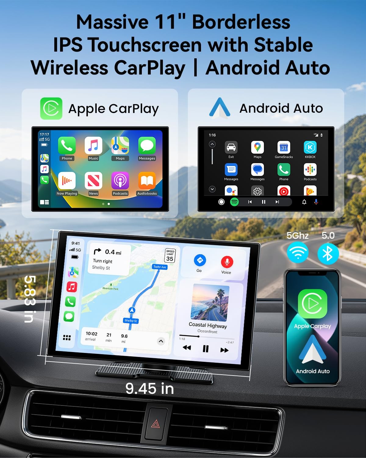11” Wireless CarPlay & Android Auto Screen for Car, Full Laminated HD