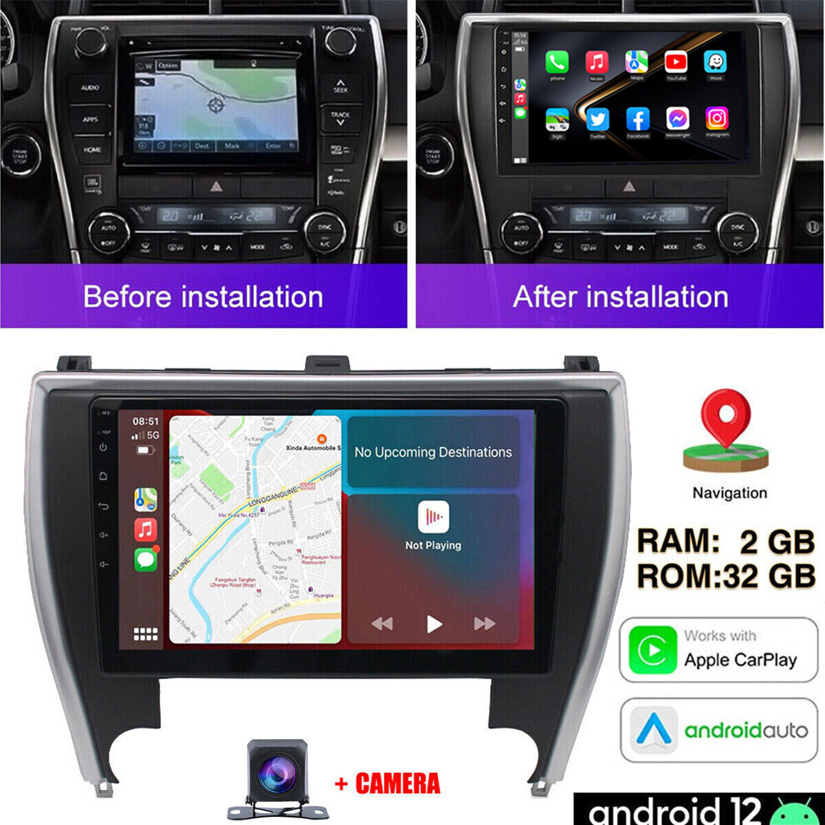 For Toyota Camry 2015 2016 2017 QLED Touch Screen Car Radio BT GPS RDS Cam
