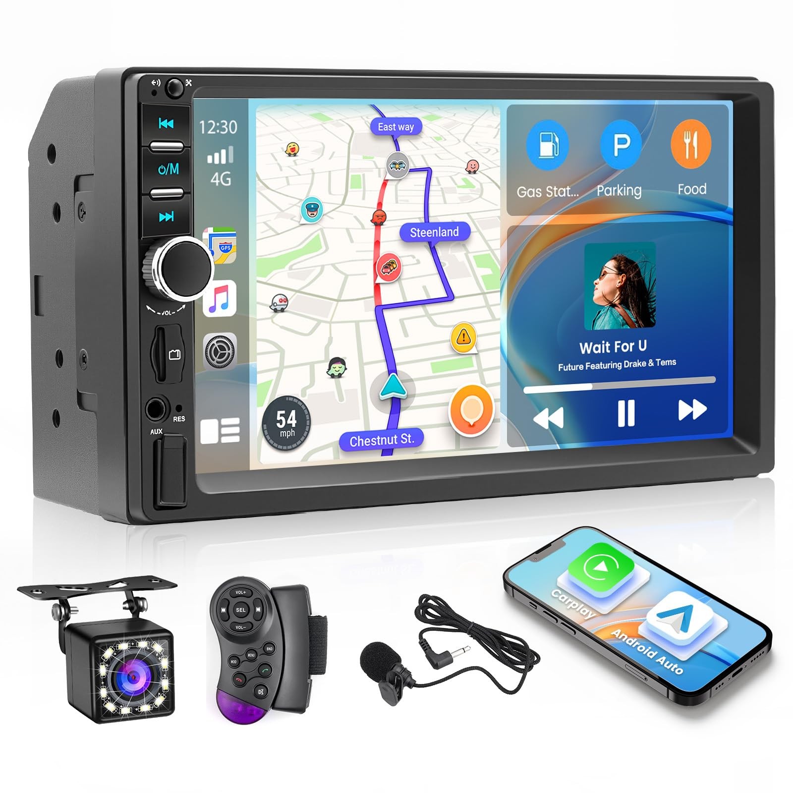 Double Din Car Stereo with Apple CarPlay and Android Auto, 7 Inch HD Touchscr…