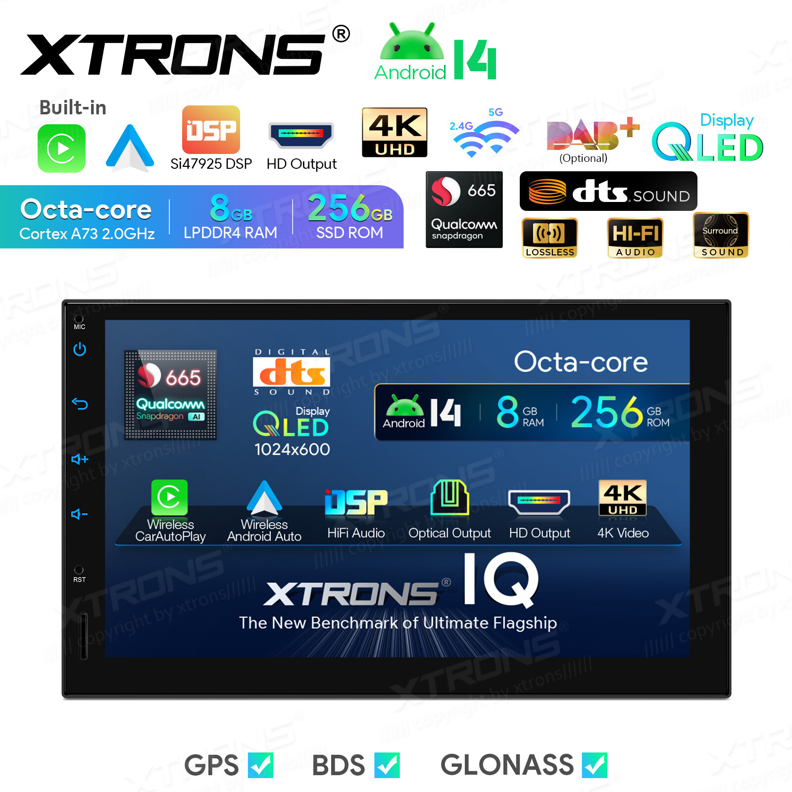 2 DIN Android 14 CarPlay Head Unit 8GB 256GB GPS DTS Sound 7″ Touchscreen WIFI