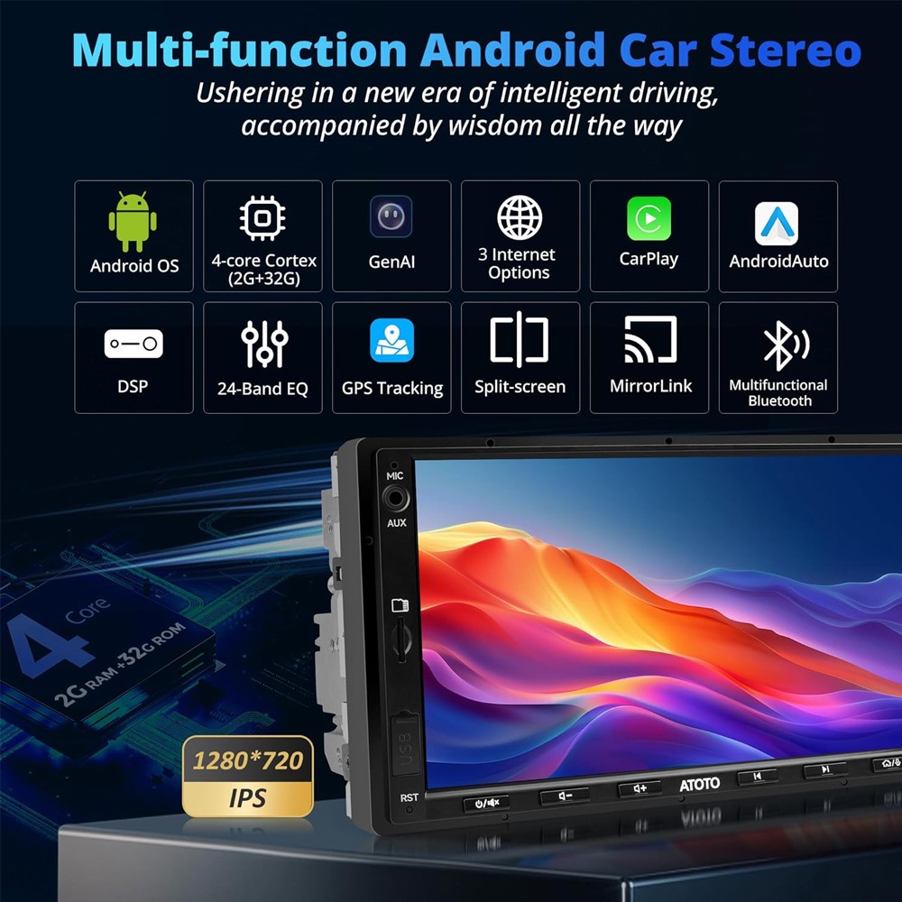 ATOTO A6PF 7in Double Din Car Stereo-2G+32G Wireless Android Auto & CarPlay,WiFi