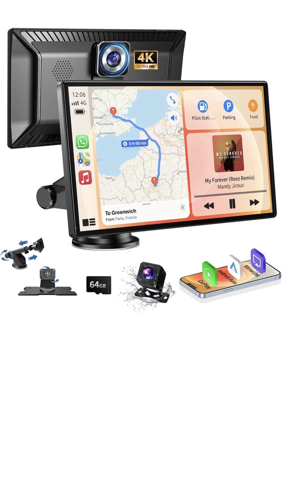 Wireless Carplay Screen with 4K Dash Cam, 9″ Portable Carplay Screen for Car wit