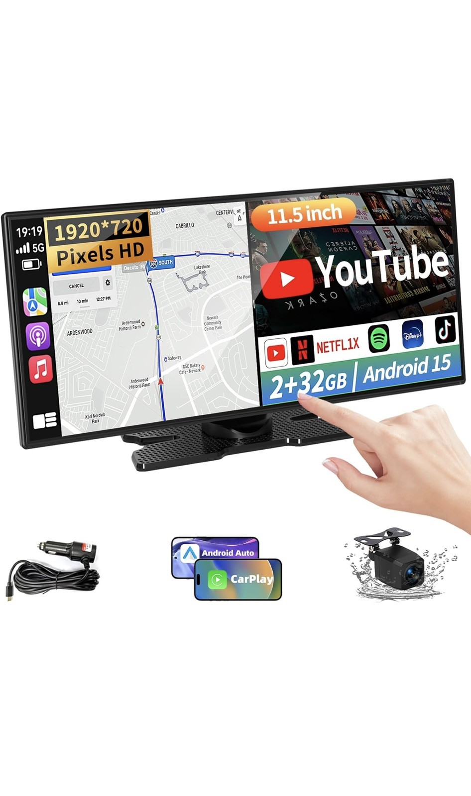 Largest 11.5 inch Wireless CarPlay Screen for Car,Built-in N black