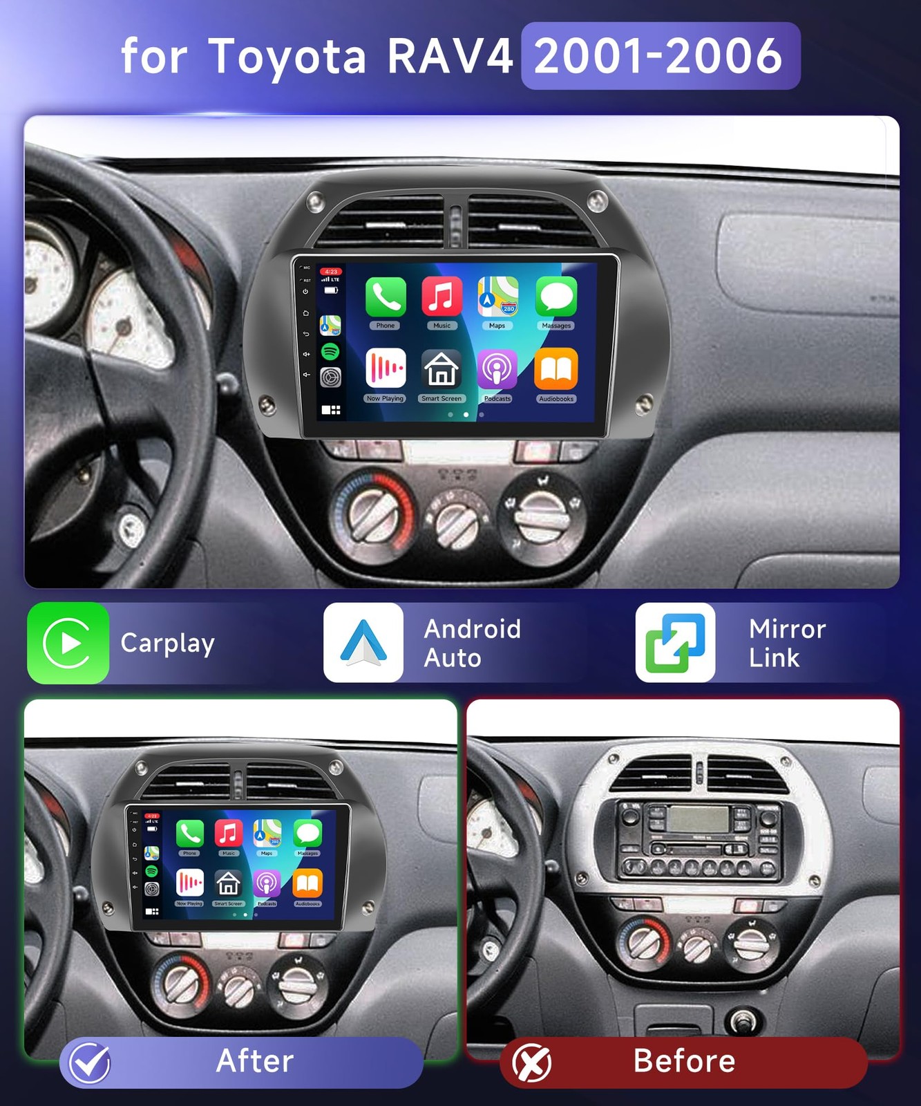 9″ Touchscreen Wireless Carplay Android Auto Stereo for 2001-2006 Toyota RAV4
