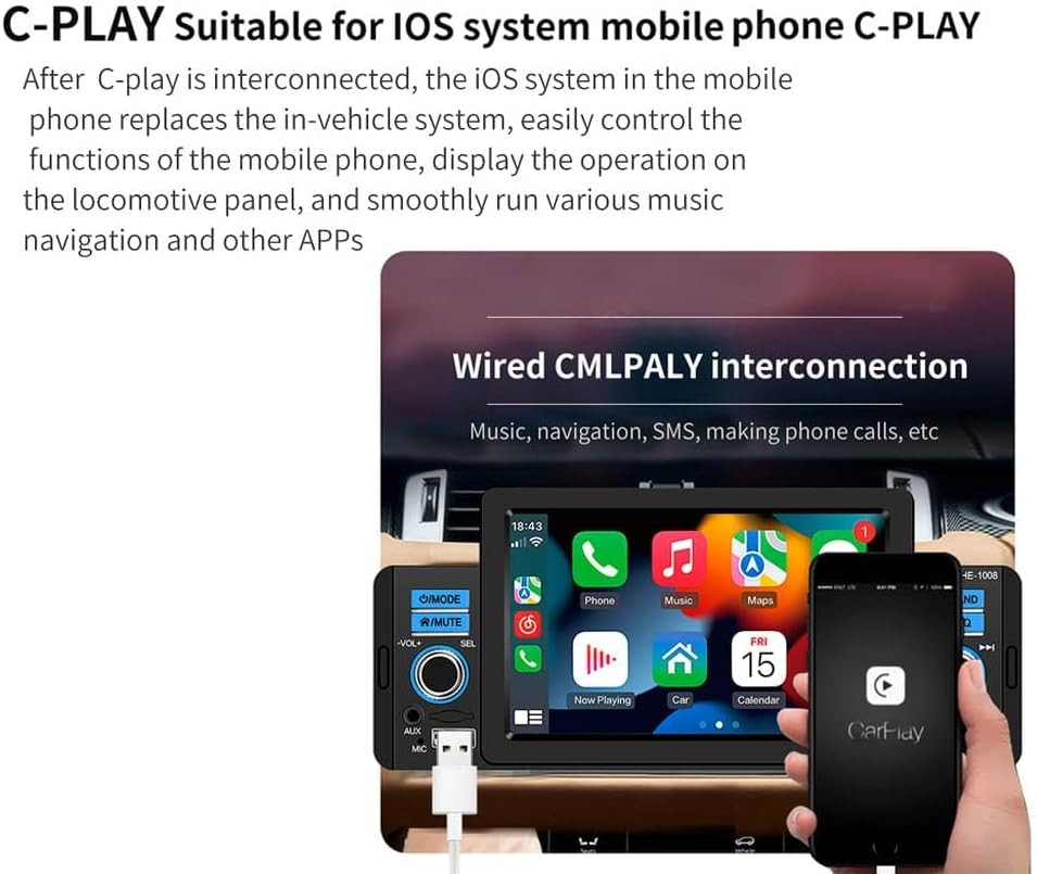 Single Din Car Stereo with Apple Carplay & Android Auto, 5 Inch HD Touch Screen