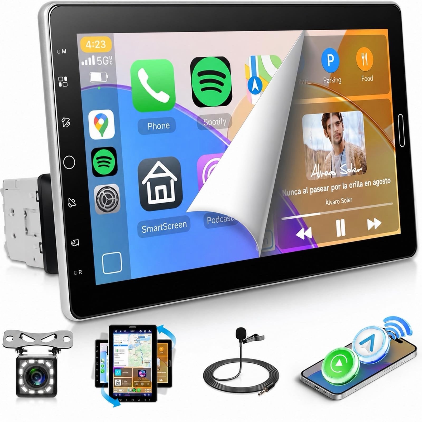 10.1″ Single DIN Car Stereo Wireless CarPlay Android Auto BT 5.2 HD Touchscreen