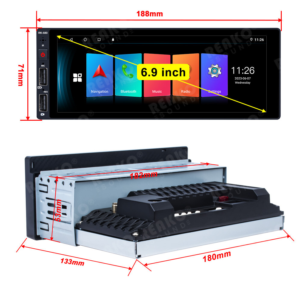 Android 12 Single 1 Din 6.9″ Bluetooth GPS WIFI Touch Screen Car Stereo FM Radio