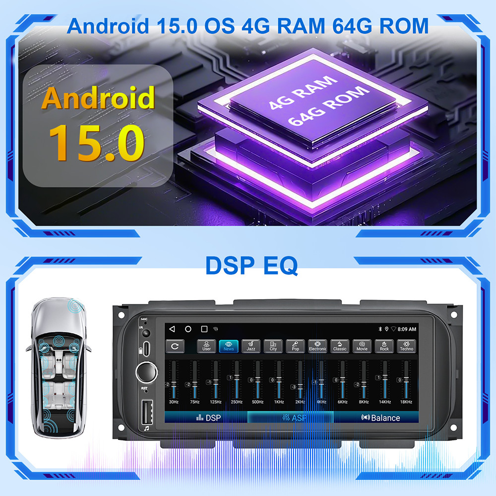 For Jeep Grand Cherokee 1999-2004 Apple Carplay Car Stereo Radio Android 15 Navi