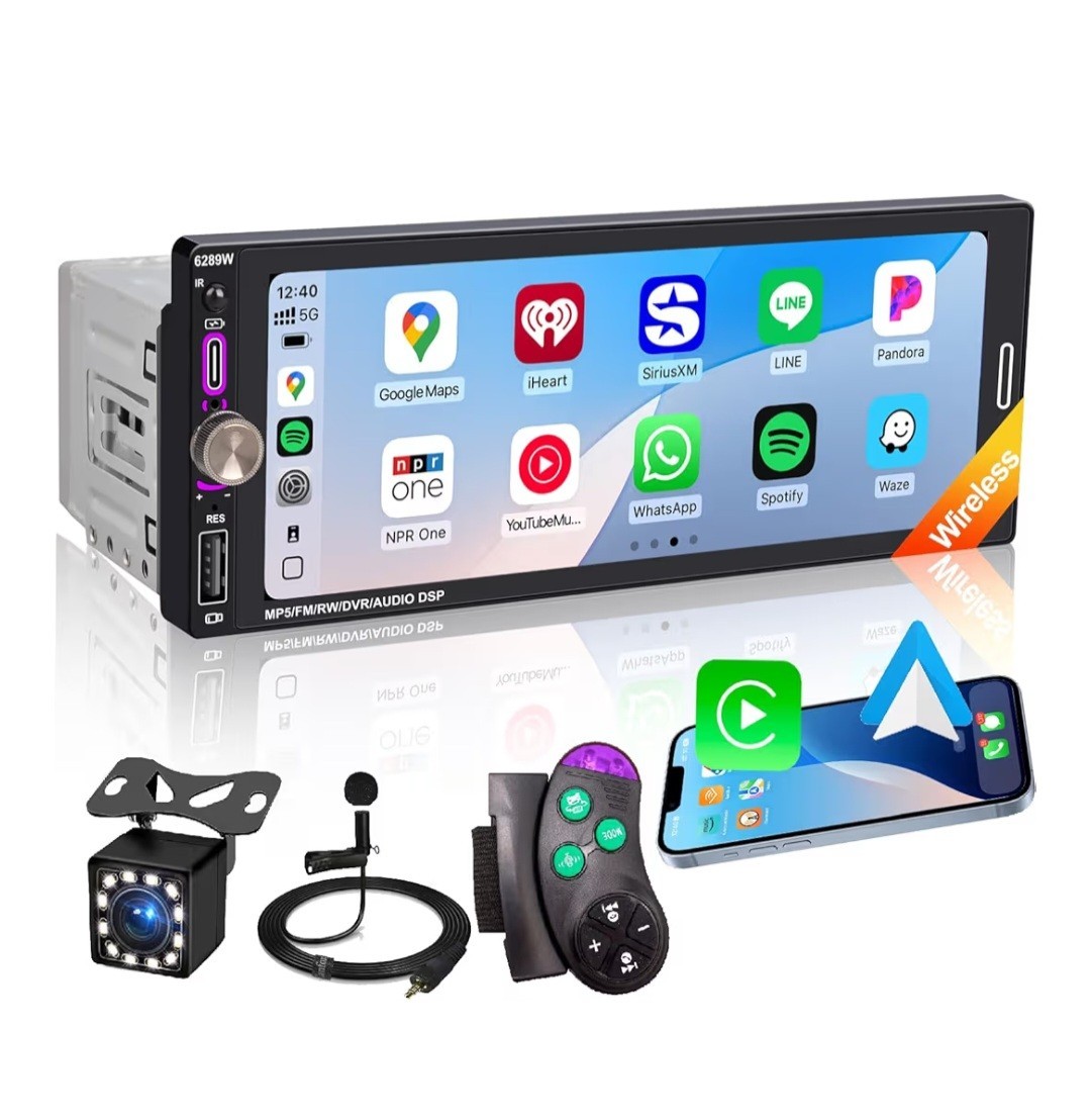 6.9″ Single DIN Car Radio with Wireless Apple CarPlay, Car Bluetooth 5.2, AM FM
