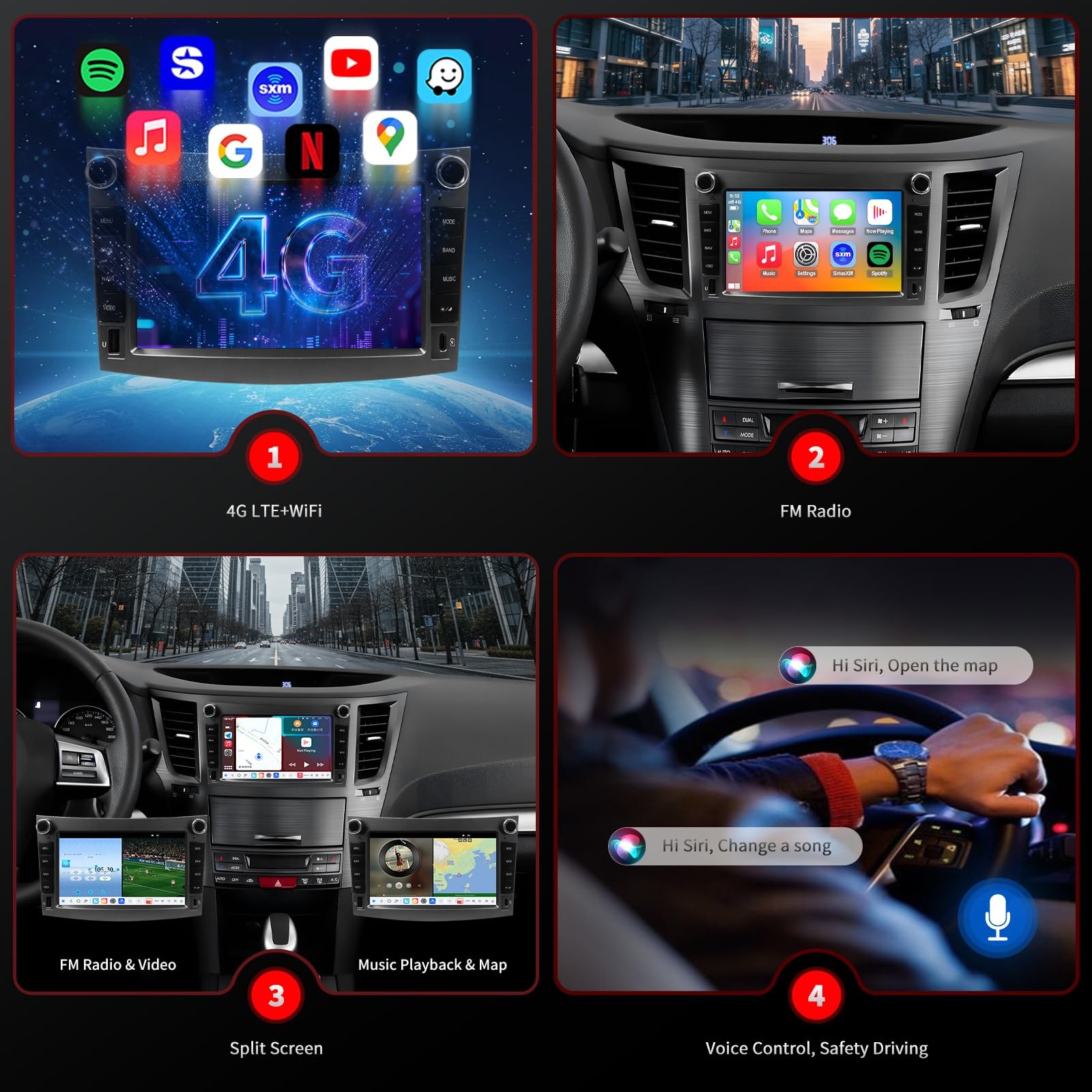 9″ QLED Wireless Carplay Android Auto Stereo for 2010-2014 Subaru Legacy Outback