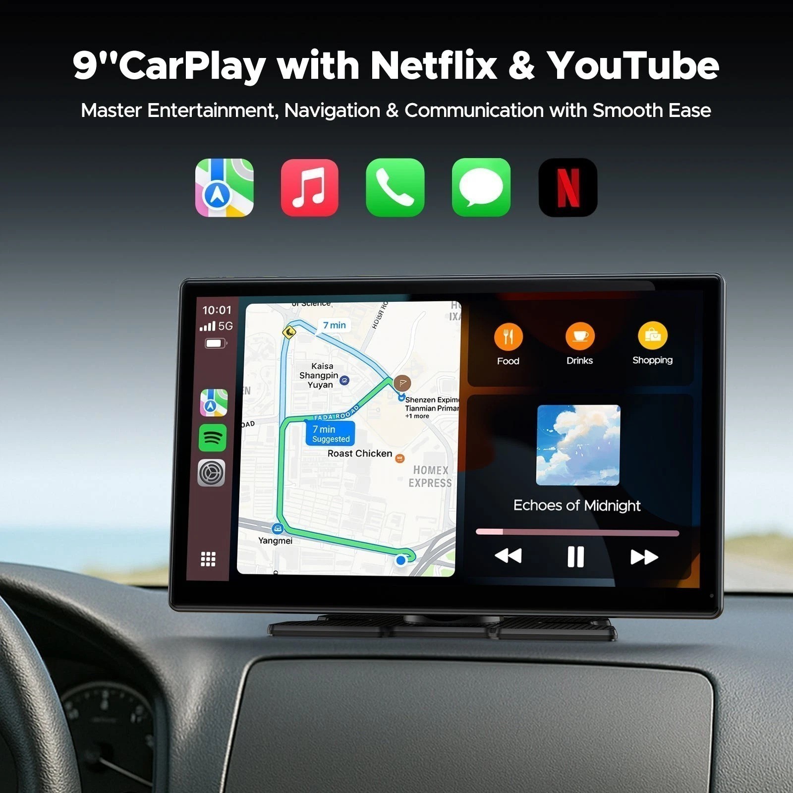 3 in 1 9″ Wireless Carplay Scree AI Video BOX w/Apps Youtube Netflix+Reverse Cam