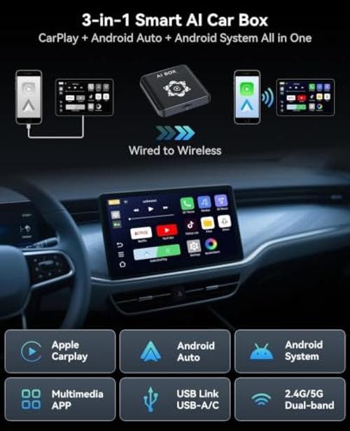 AI Box for Factory Wired CarPlay, Wireless CarPlay & Android Auto Adapter Black