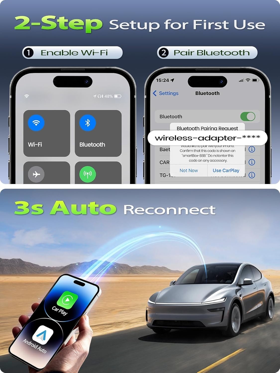 Mini Wireless Carplay & Android Auto Adapter for Iphone & Android Phone (2026 Up