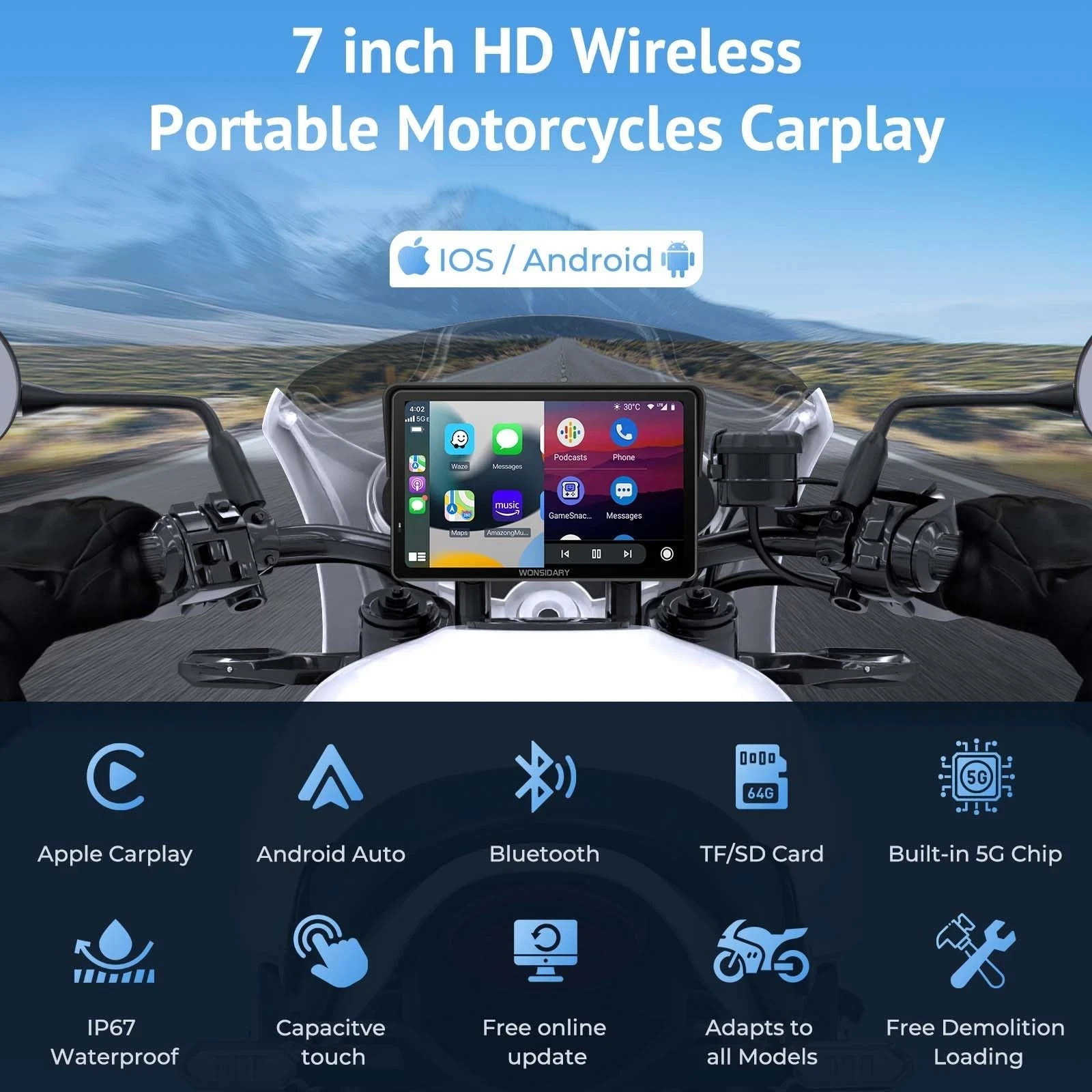 Wonsidary W722 for Motorcycle CarPlay Android Auto,7 Waterproof Smart