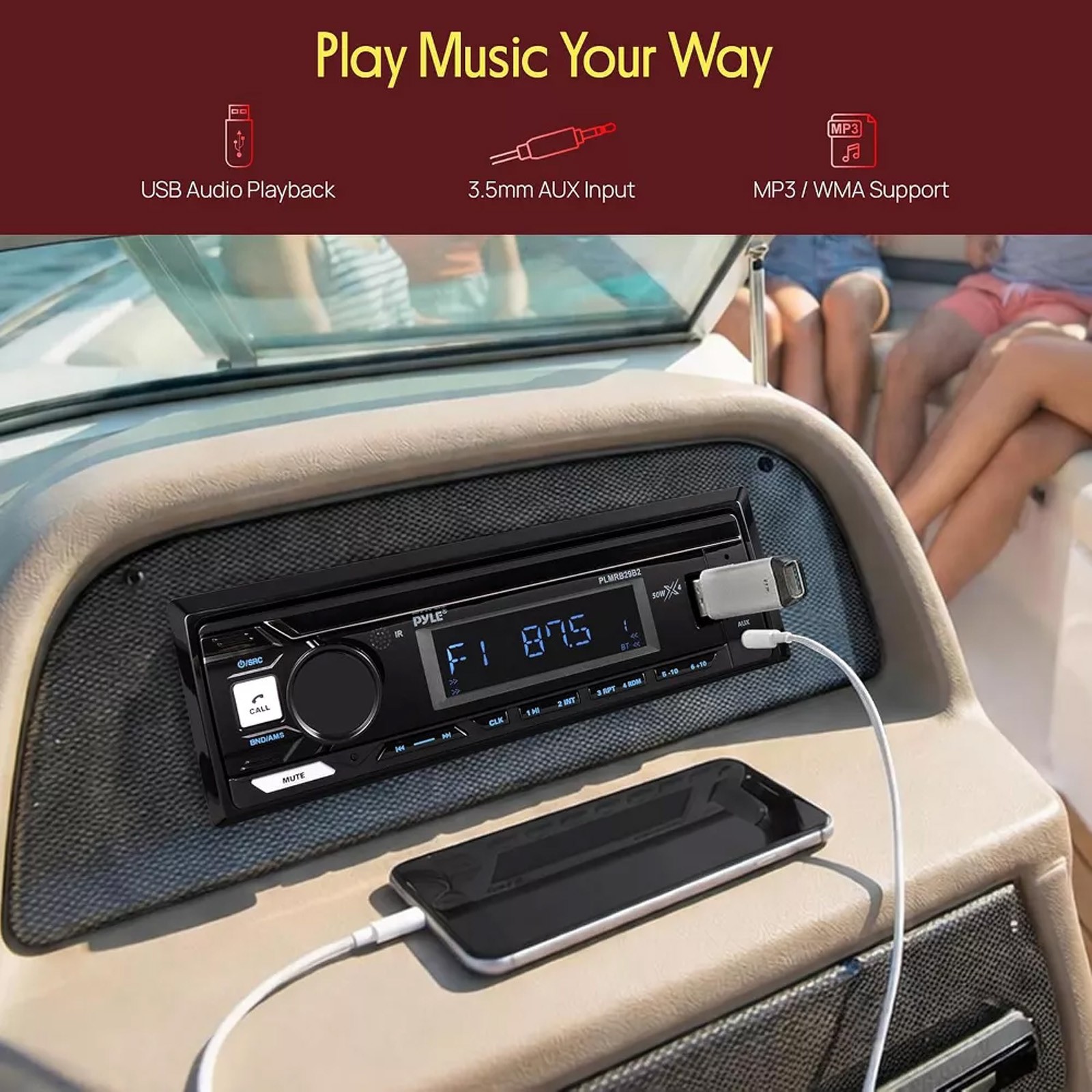 Pyle PLMRB29B2 Single DIN Marine Bluetooth USB/AUX MP3 In-Dash Black Receiver