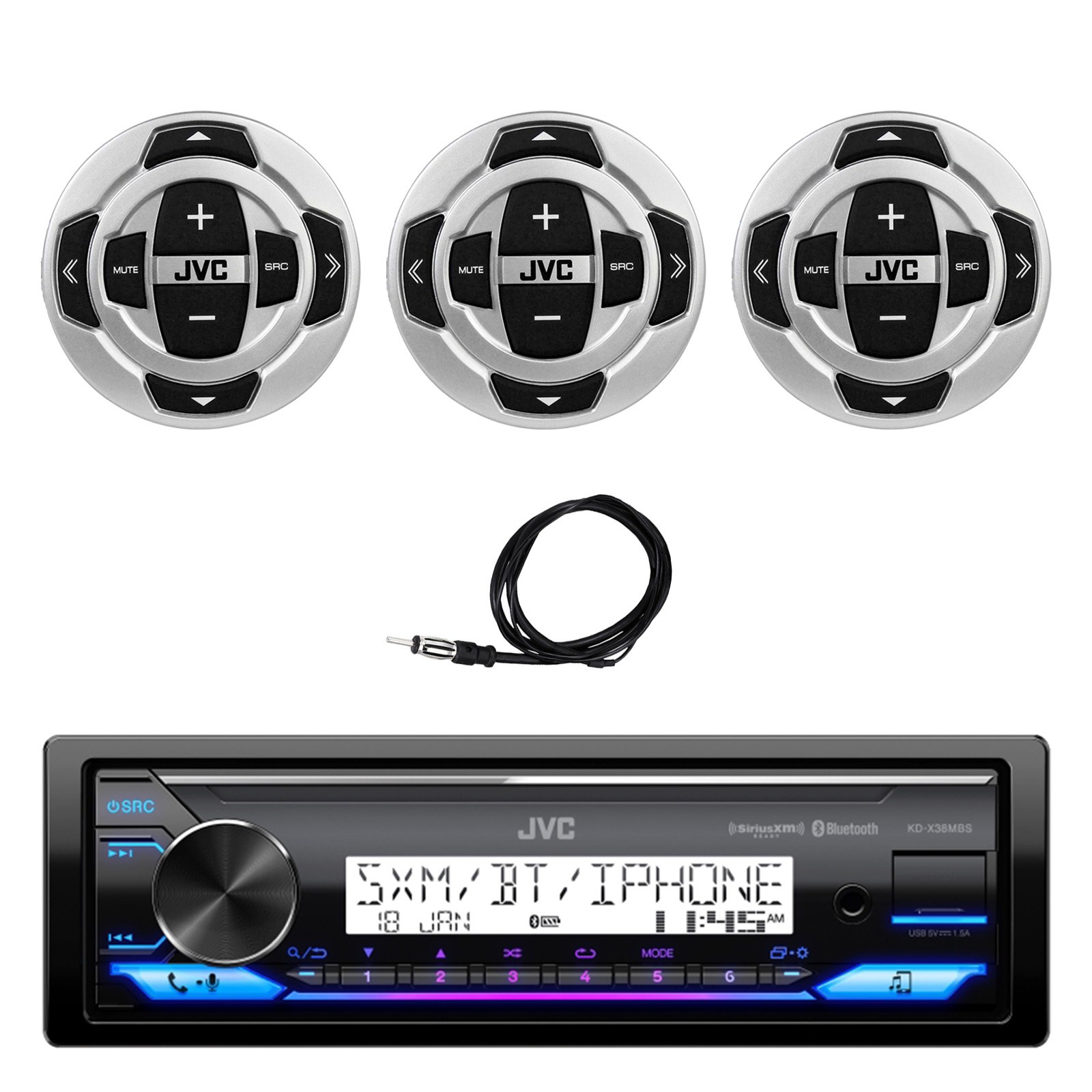 JVC KDX38MBS in-Dash Marine USB Bluetooth Receiver, 3x Wired Remote, 22″ Antenna