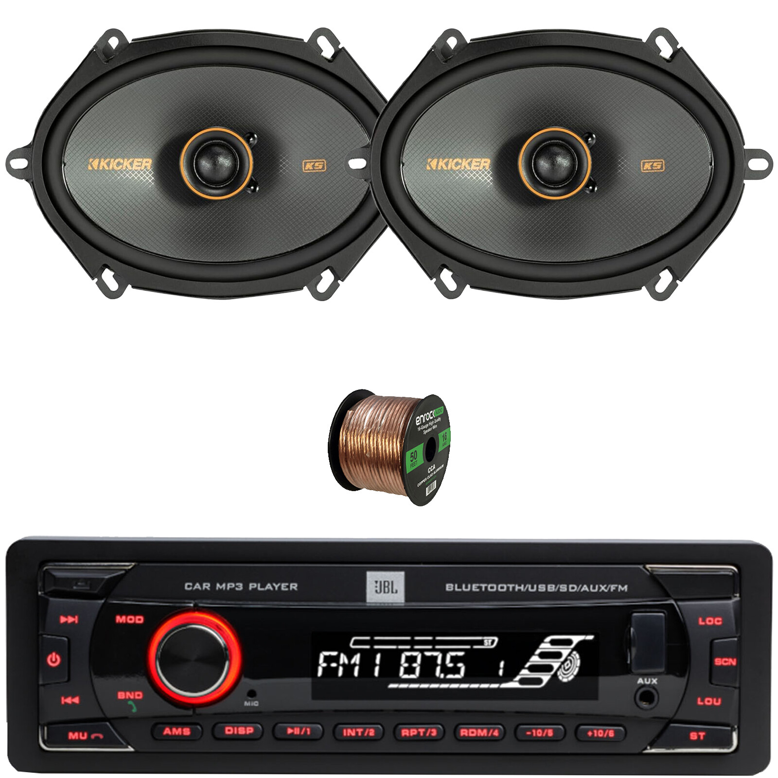 JBL 1-DIN Bluetooth Radio, 2x 6×8″ 150W Max Power 2-Way Thin-Mount Speakers