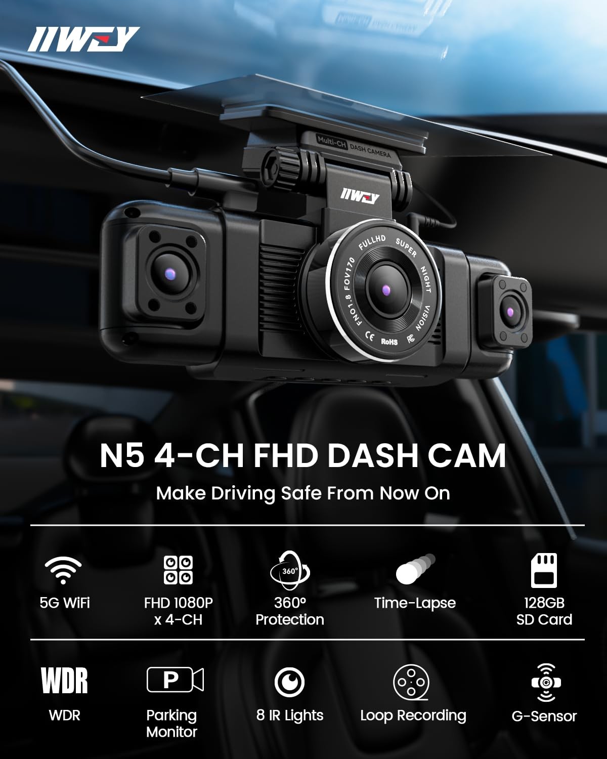 IIWEY N5 4-Channel 360 Dashcam 1080P Front+Rear+Inside WiFi Night Vision 128GB S