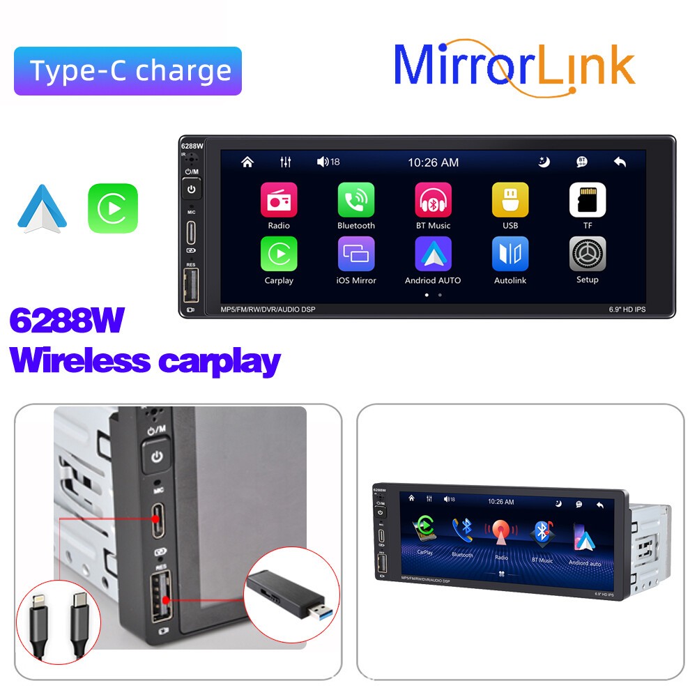 Car Radio 1 Din 6.9″ RDS Touch Screen Bluetooth Wireless Carplay Android Stereo