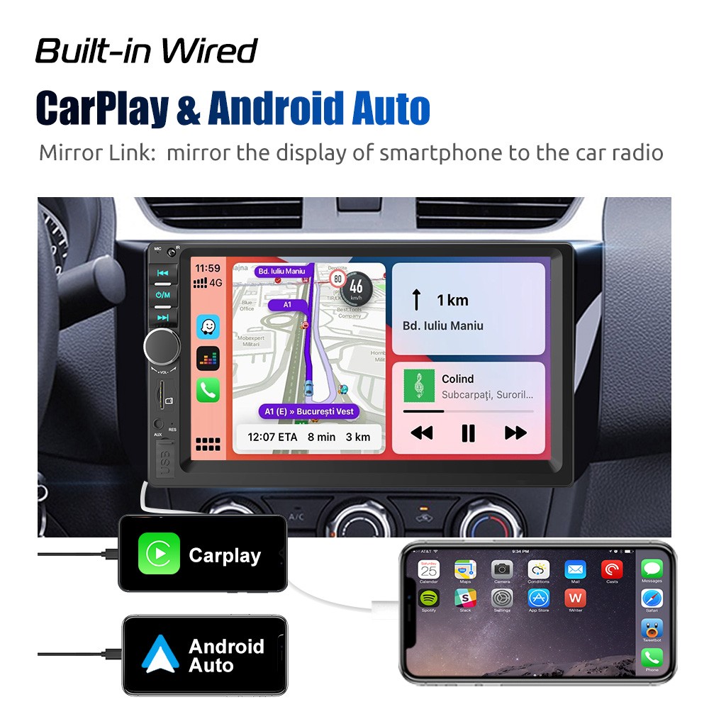 7″ Double DIN Car Radio Touch Screen MP3/MP4/5 Apple Carplay Android Auto AUX FM