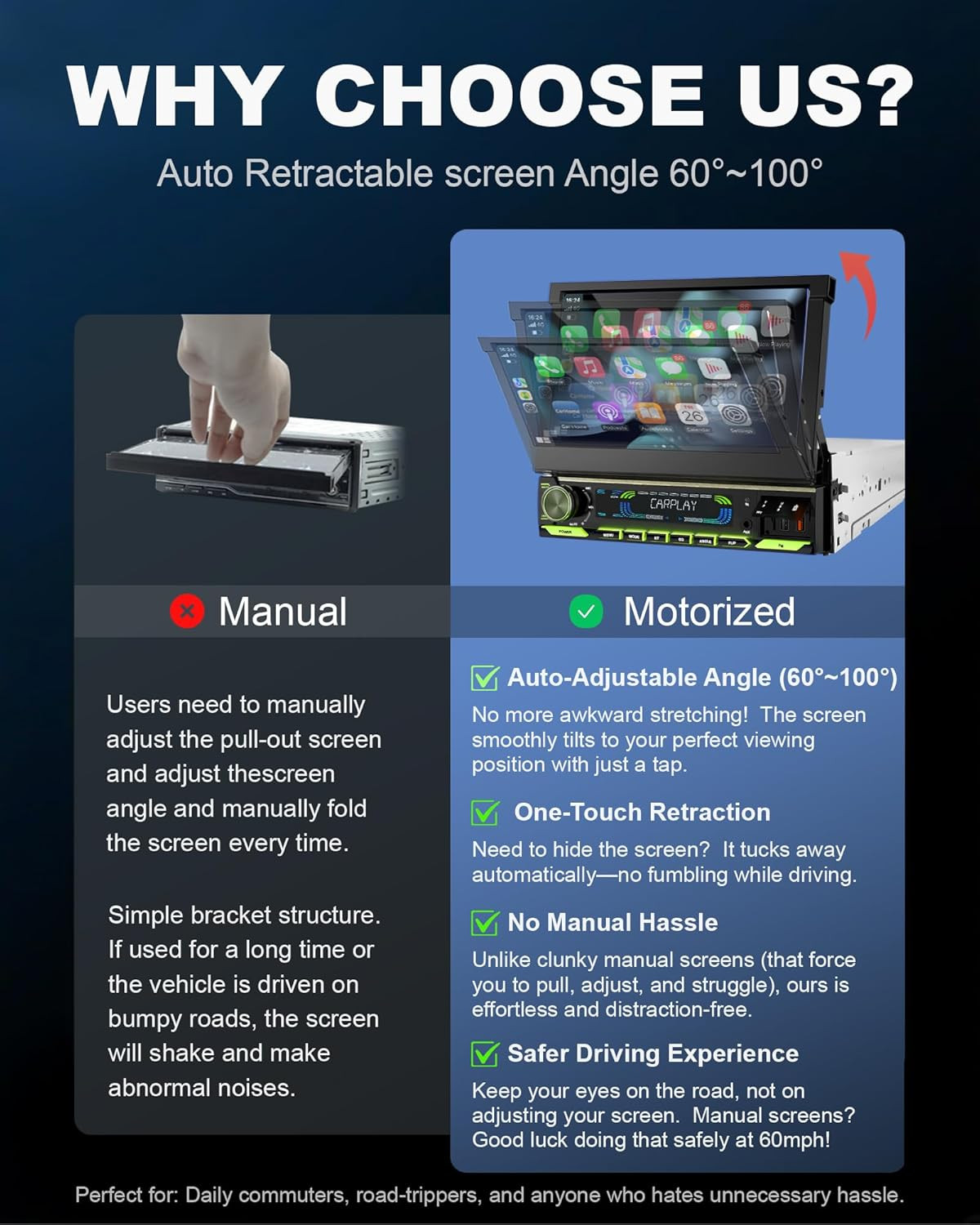Single Din Car Stereo with Wireless Apple Carplay & Android Auto, 7-Inch HD Moto