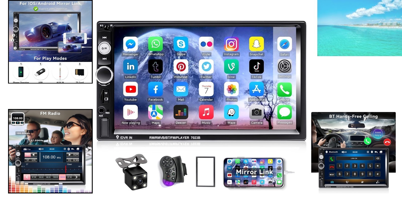 7-Inch Bluetooth Double Din Car Stereo with 1080P Touchscreen & Backup Camera