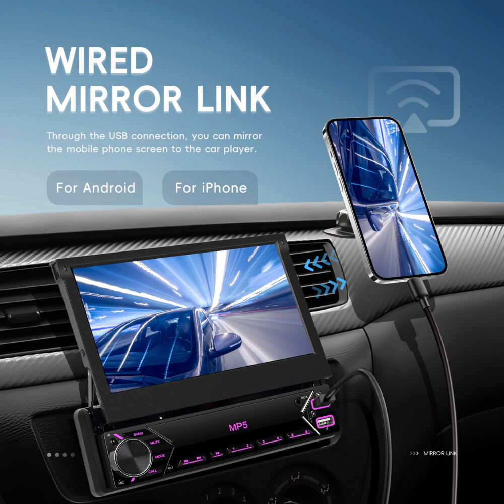 7″ Single 1 DIN Flip out Touch Screen Car Stereo Bluetooth Mirror Link FM Radio
