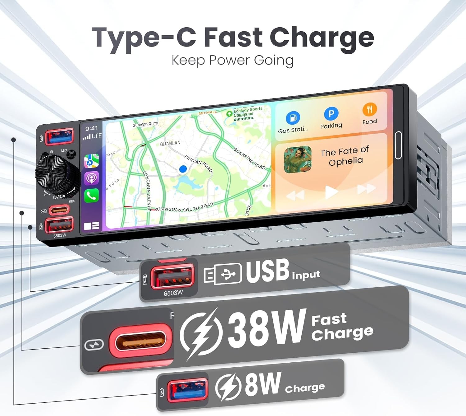 Single Din Radio Car Stereo with Apple CarPlay & Android Auto, 6.5” InCell Touch